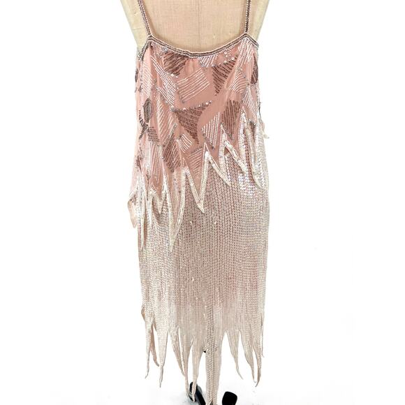 Vtg 80s Sequin Beaded Flapper 20s Art Deco Fringe Glam Gatsby Gown Dress Sz M - Picture 8 of 10